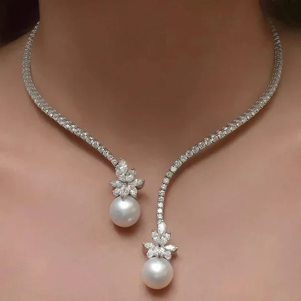 1+1 Offer: Elegant shiny necklace with pearls made of silver + Emerald Cut White Sapphire Bracelet - Image 3
