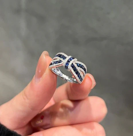 1+1 Offer: Oval & Round Cut Blue Tanzanite Bracelet + Knot Round Cut Blue Sapphire Wedding ring - Image 2