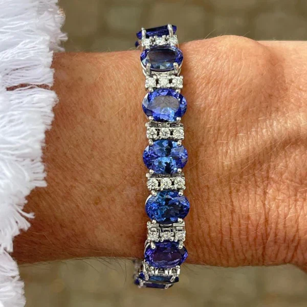 1+1 Offer: Oval & Round Cut Blue Tanzanite Bracelet + Knot Round Cut Blue Sapphire Wedding ring - Image 3