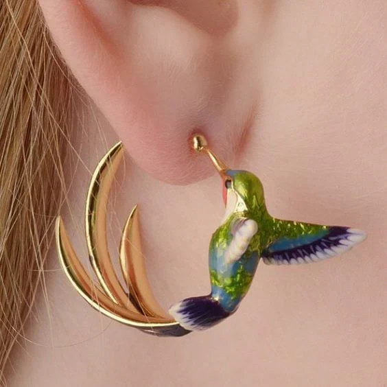 1+1 Offer: Vintage Enamel Hummingbird Hoop Earrings + Green Opal Natural Ring - Image 3