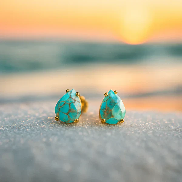 1+1 Offer: Vintage Turquoise Inlaid Stone Gold & Silver Ring + Mediterranean Tears – Turquoise Stone Stud Earrings - Image 2