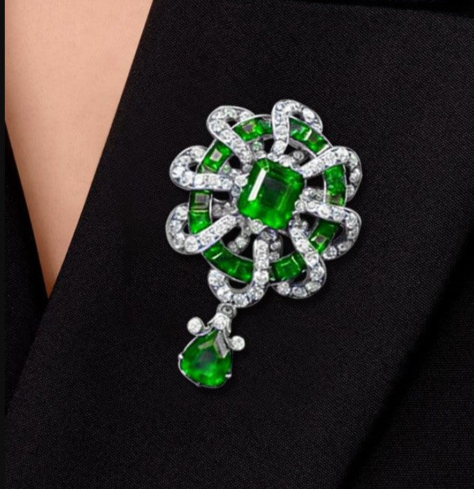 Antique Asscher & Pear Cut Emerald Sapphire Brooch - Image 2
