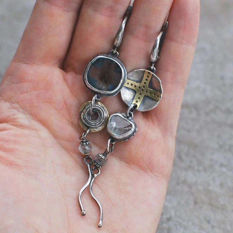Antique" earrings with blue stones and a cross - Image 3