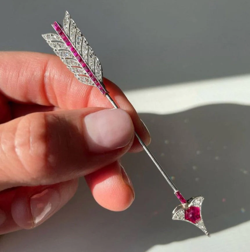Art Deco Ruby & Sapphire Baguette Cupid Arrow Brooch - Image 2