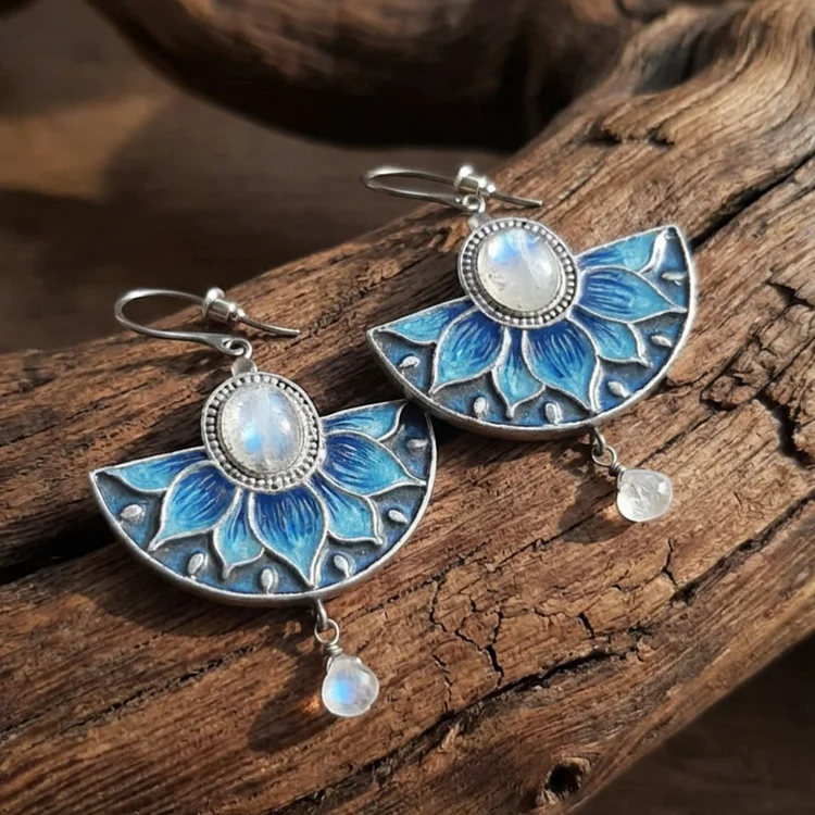 Blue Moonstone Lotus large fan-shaped Earrings - Image 2