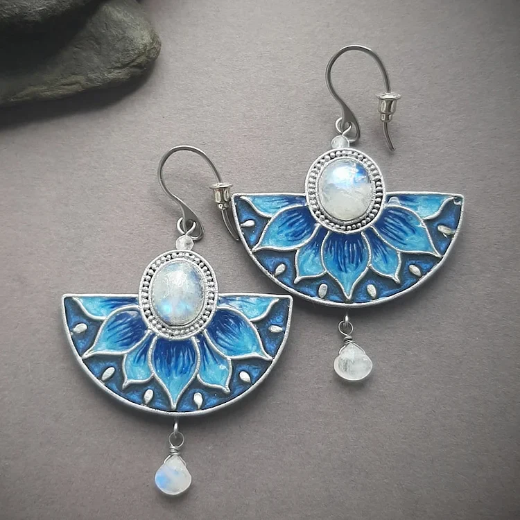 Blue Moonstone Lotus large fan-shaped Earrings - Image 3