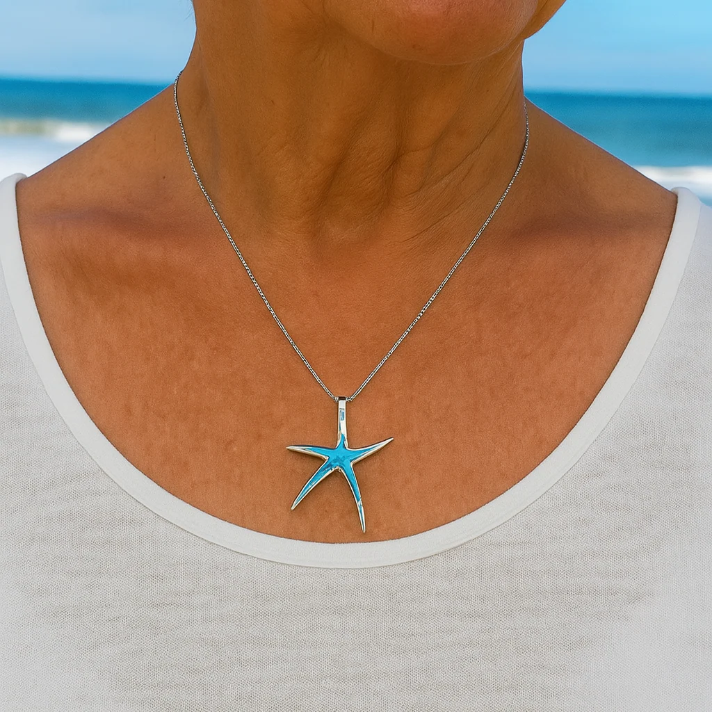 Blue Opal and Silver Starfish Necklace - Image 2