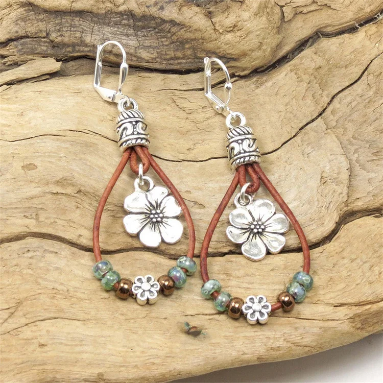 Bohemian Leather Cord Flower Earrings - Image 2