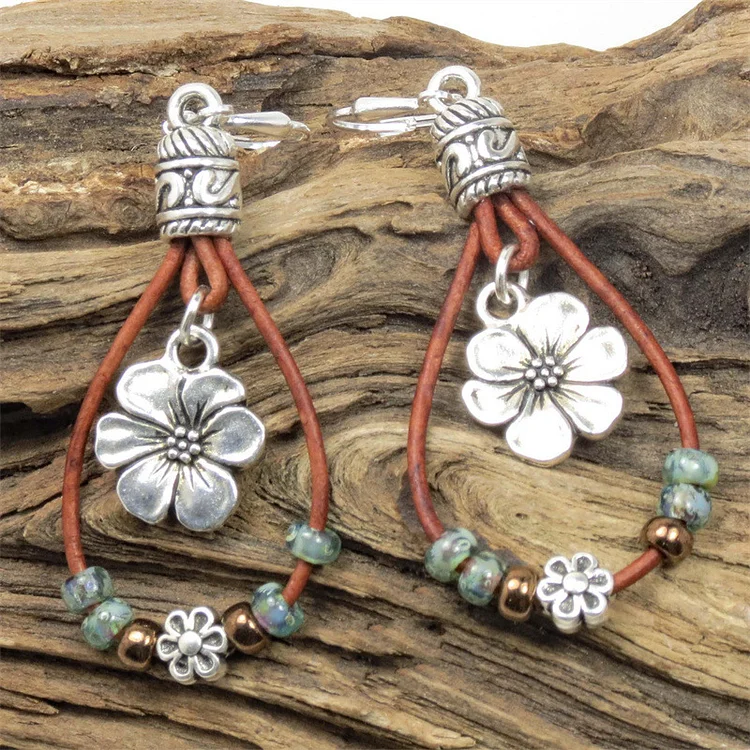 Bohemian Leather Cord Flower Earrings - Image 3