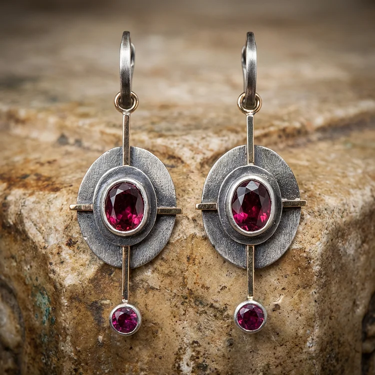 Boho Earrings with Garnet Crystal in Sterling Silver - Image 2
