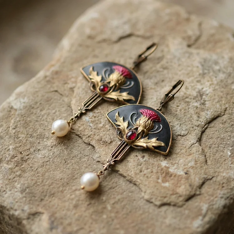 Boho Earrings with Pearls and Red Crystal - Image 2