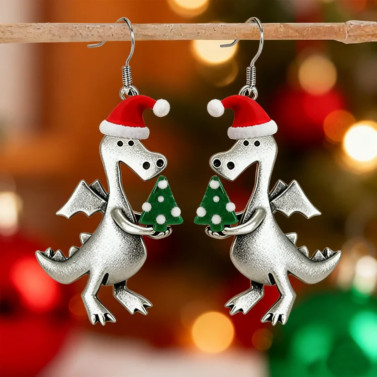 Christmas Tree Dinosaur Earrings - Image 2