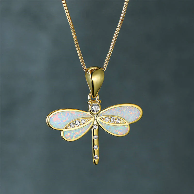 Dragonfly Necklace in Gold with Opal - Image 4