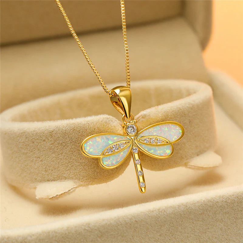 Elegant Gold Dragonfly Necklace with Opal Accent - Image 2