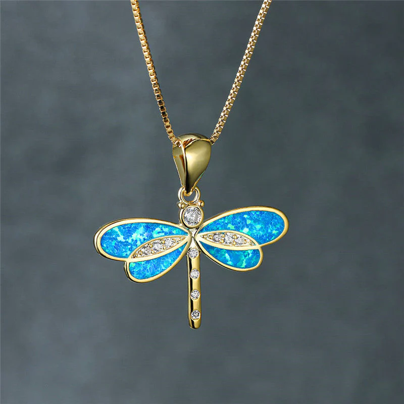 Elegant Gold Dragonfly Necklace with Opal Accent - Image 3