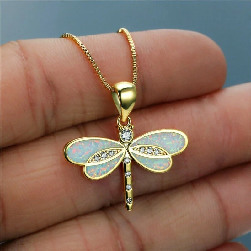 Elegant Gold Dragonfly Necklace with Opal Accent - Image 5
