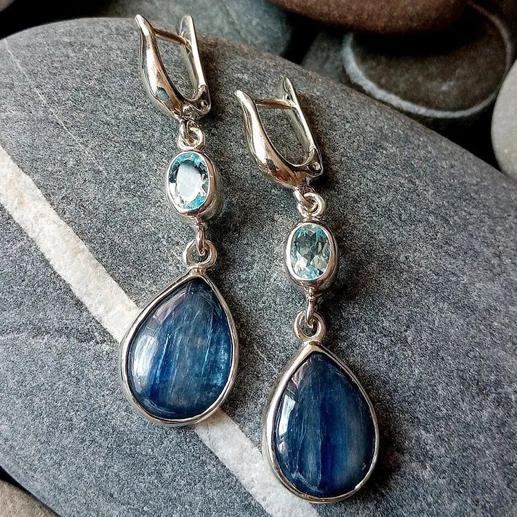 Elegant Silver Earrings with Aquamarine and Banded Blue Gemstones - Image 3