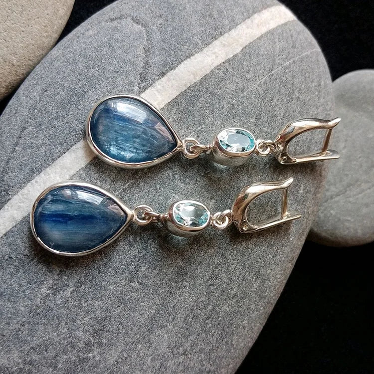 Elegant Silver Earrings with Aquamarine and Banded Blue Gemstones - Image 4