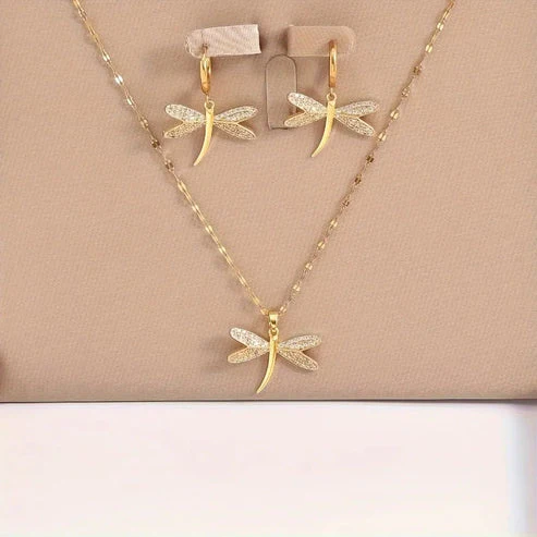 Gold Dragonfly Jewelry Necklace with Bonus Earrings - Image 2