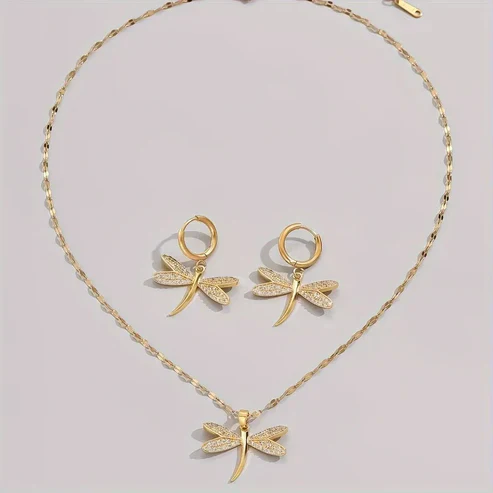 Gold Dragonfly Jewelry Necklace with Bonus Earrings - Image 3