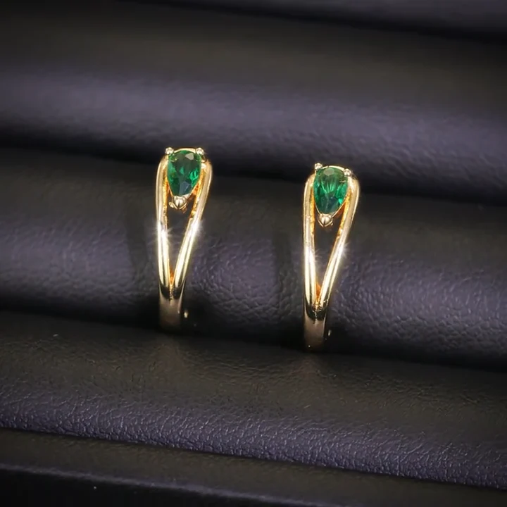 Gold Emerald Accent Hoop Earrings - Image 2