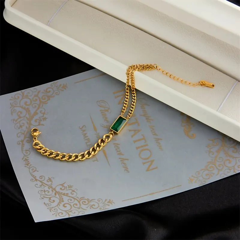 Gold Emerald Bar Chain Bracelet - Image 2