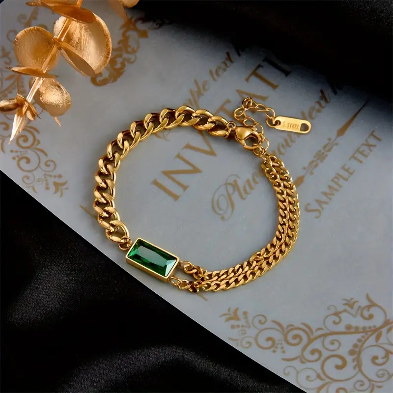 Gold Emerald Bar Chain Bracelet - Image 3