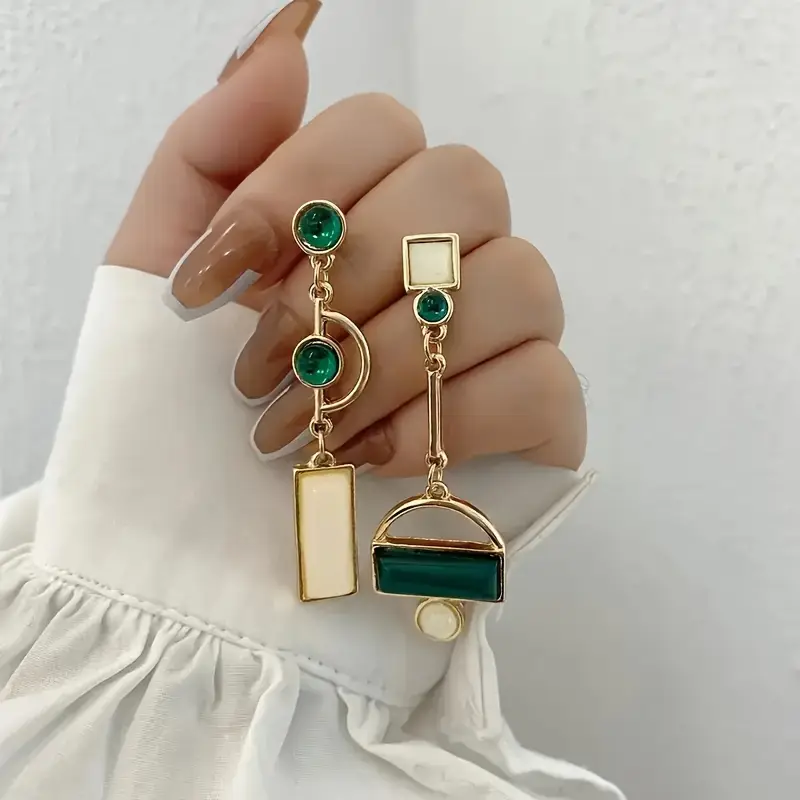 Gold Emerald Geometric Drop Earrings - Image 2