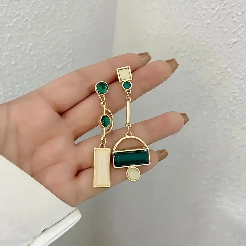 Gold Emerald Geometric Drop Earrings - Image 3