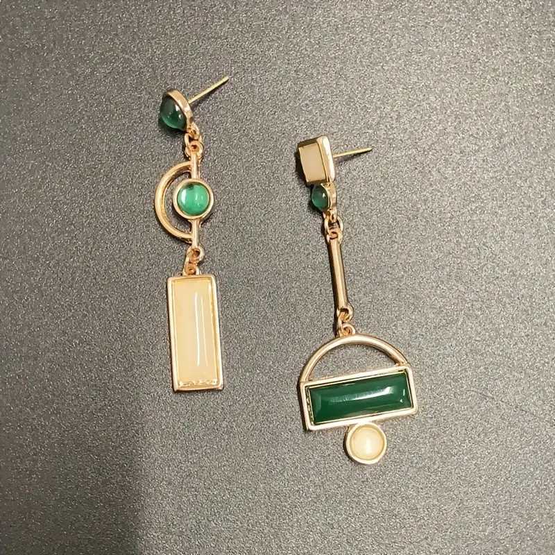 Gold Emerald Geometric Drop Earrings - Image 4