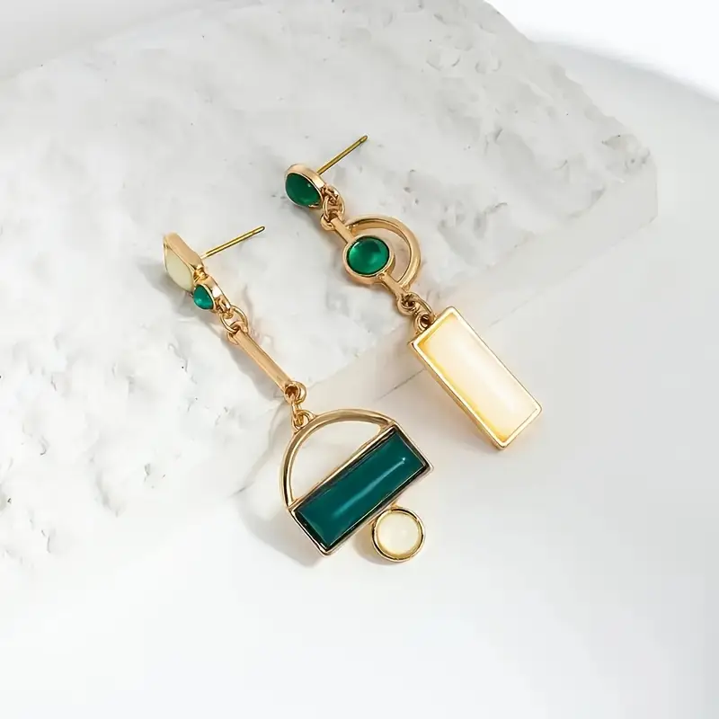 Gold Emerald Geometric Drop Earrings - Image 5
