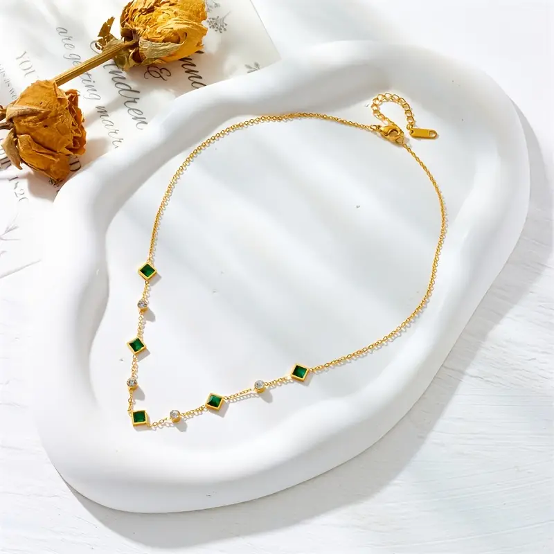 Gold Emerald Geometric Station Necklace - Image 2