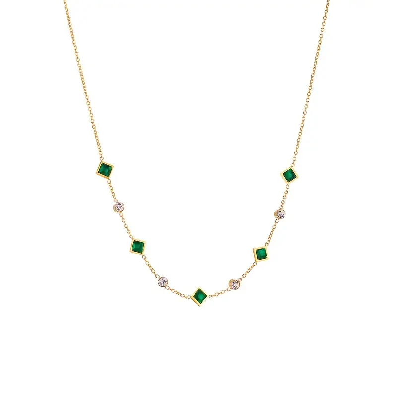 Gold Emerald Geometric Station Necklace - Image 3