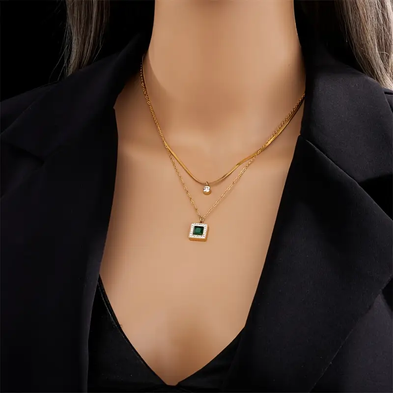 Gold Emerald Layered Necklace - Image 3