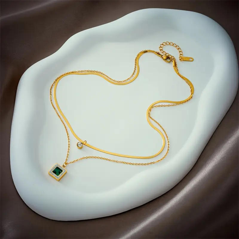 Gold Emerald Layered Necklace - Image 4