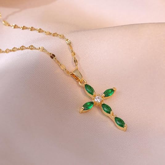 Gold Emerald Marquise Cross Necklace - Image 2