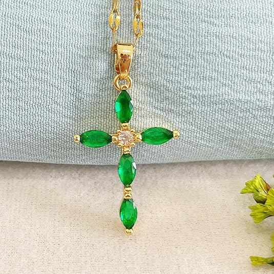 Gold Emerald Marquise Cross Necklace - Image 3
