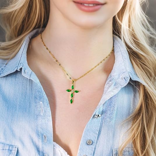 Gold Emerald Marquise Cross Necklace - Image 4