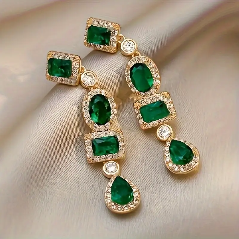 Gold Emerald Multi-Shape Drop Earrings - Image 2