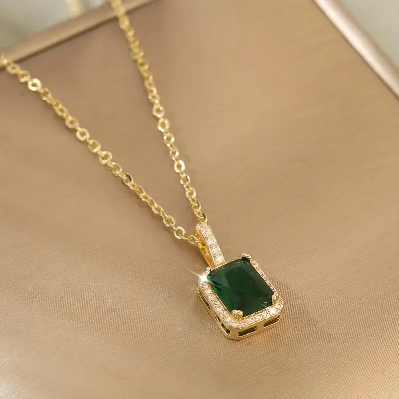 Gold Emerald Rectangular Halo Necklace - Image 2