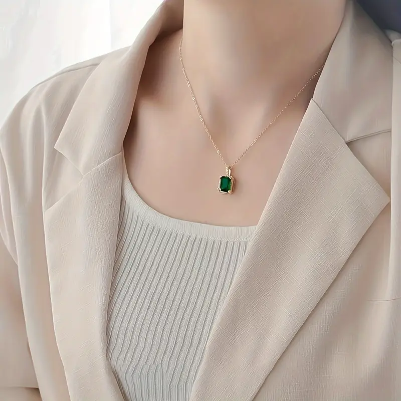 Gold Emerald Rectangular Halo Necklace - Image 3