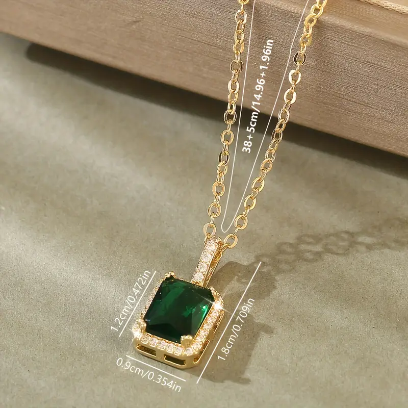 Gold Emerald Rectangular Halo Necklace - Image 4