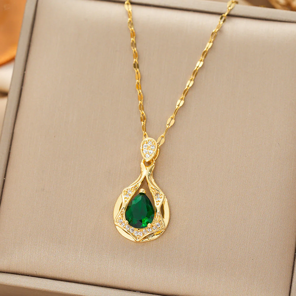Gold Emerald Teardrop Pendant Necklace - Image 2