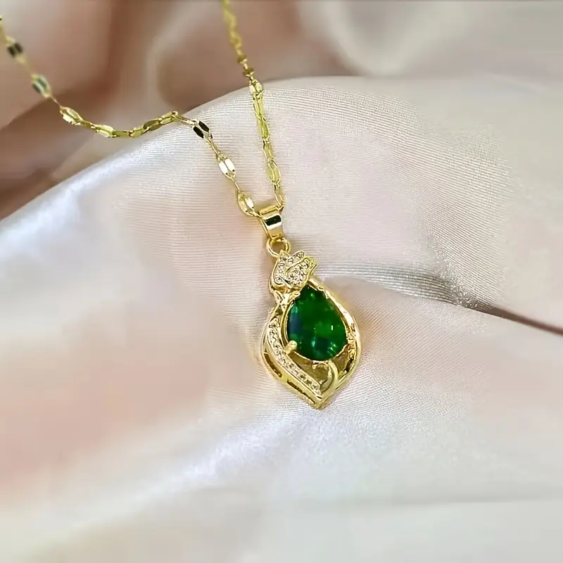Gold Emerald Teardrop Pendant Necklace - Image 3