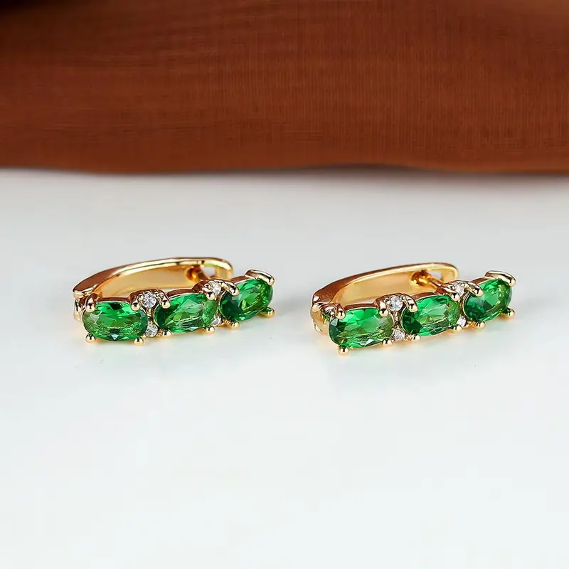 Gold Emerald Vertical Hoop Earrings - Image 2