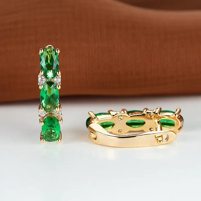 Gold Emerald Vertical Hoop Earrings - Image 3