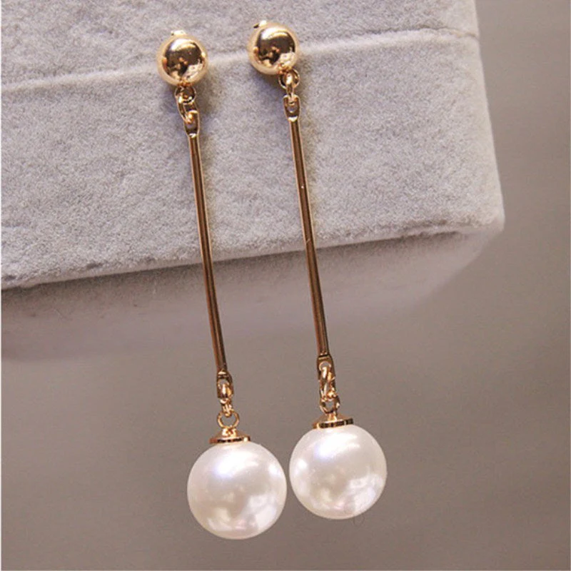 Gold Long Pearl Drop Earrings - Image 2