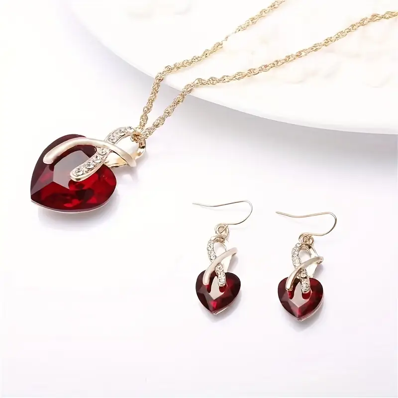 Gold Ruby Twisted Heart Jewelry Set - Image 2