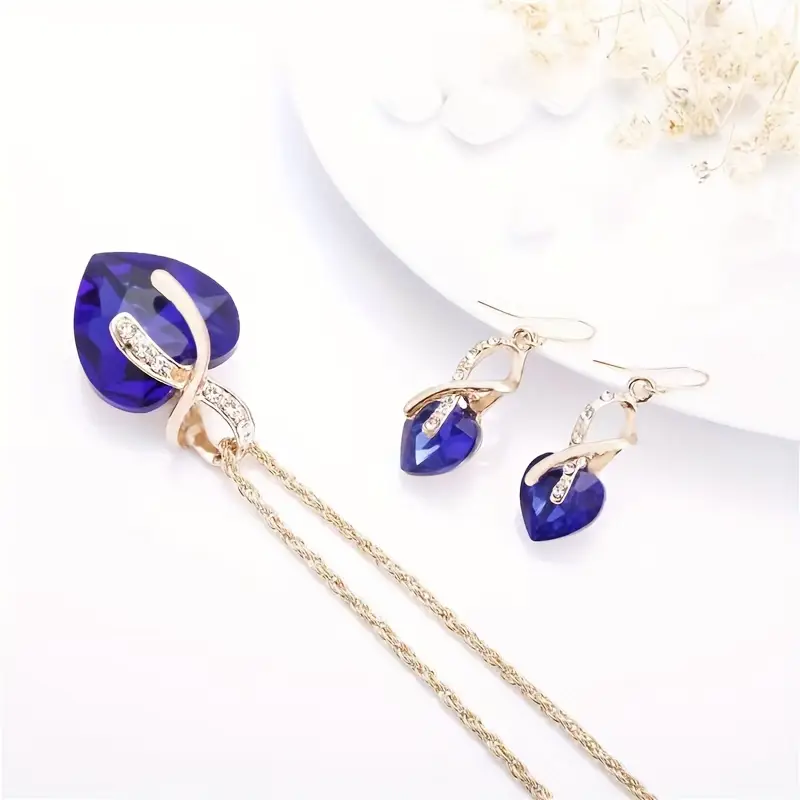 Gold Sapphire Heart Necklace and Earrings Set - Image 2