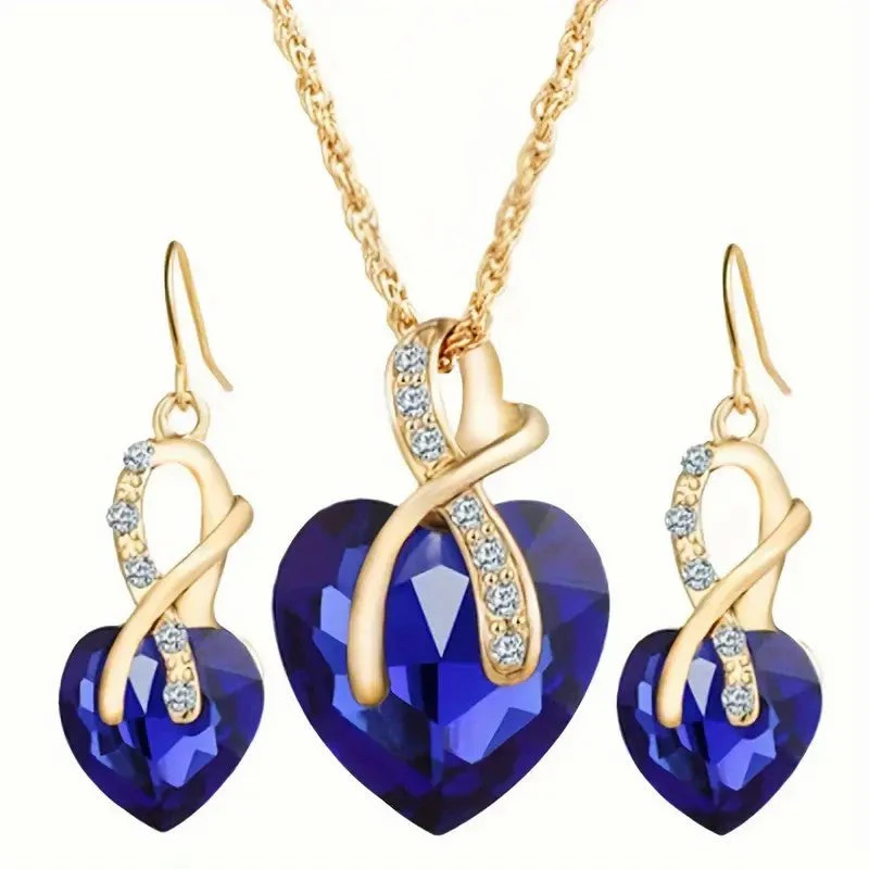 Gold Sapphire Heart Necklace and Earrings Set - Image 3